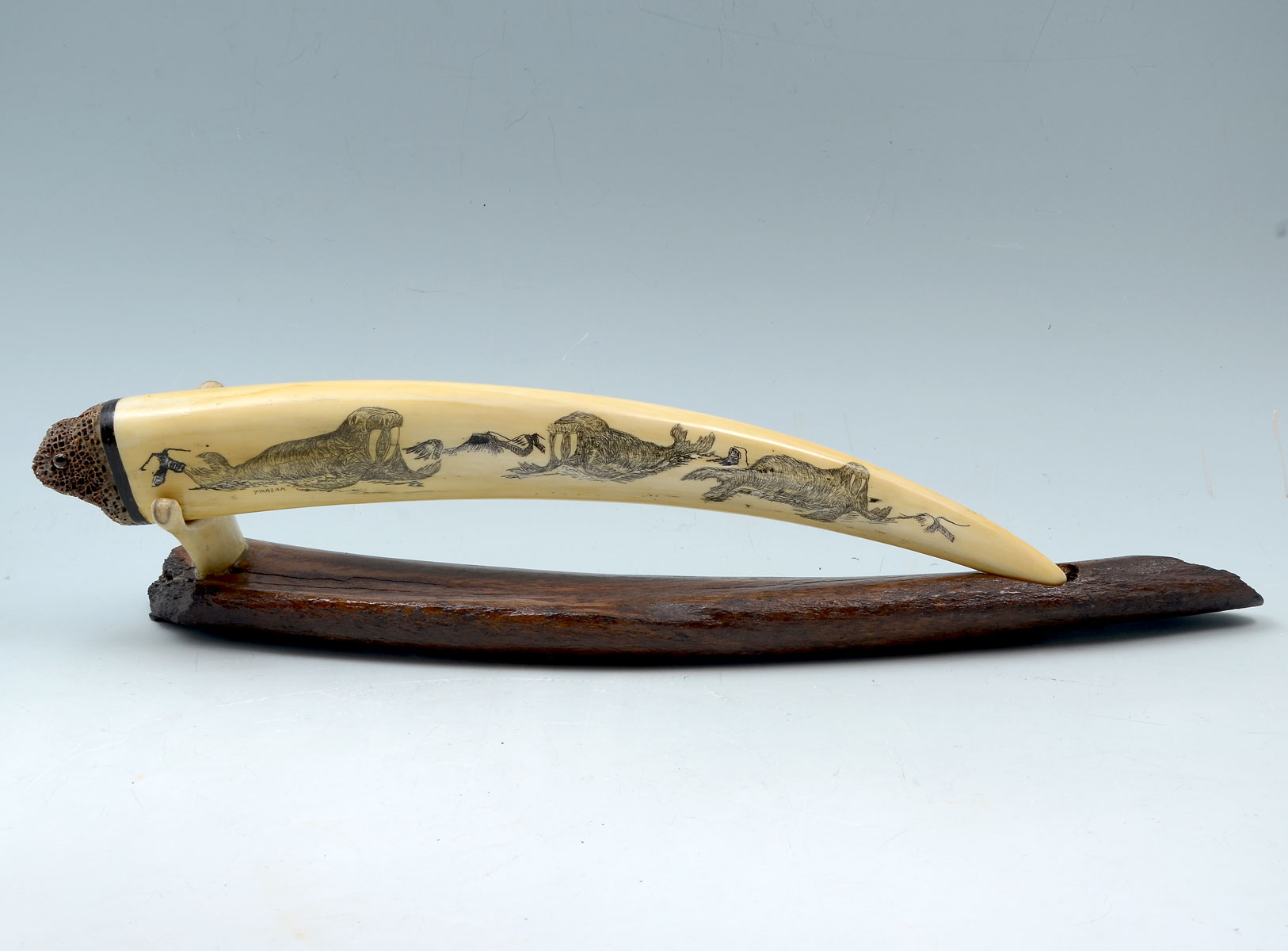 Appraisal: ALASKAN HAND CARVED WALRUS TUSK ON STAND Scrimshaw walrus tusk