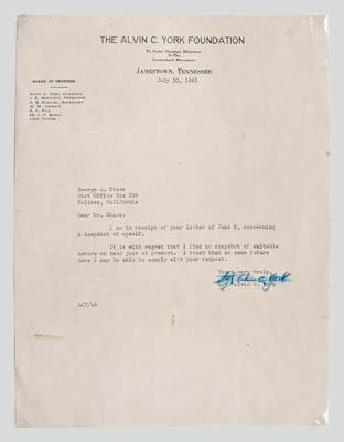 Appraisal: Sgt Alvin C York signed letter five lines typed on