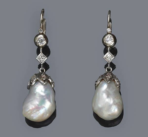 Appraisal: A pair of cultured pearl and diamond earrings baroque cultured