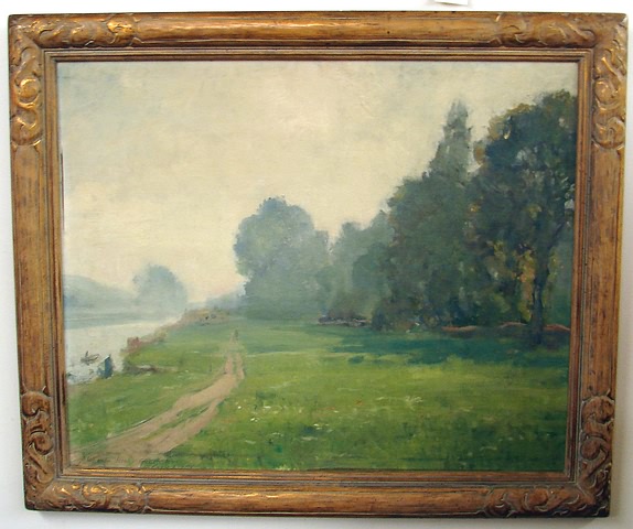 Appraisal: Along The Seine tonalist landscape oil on board x SLL