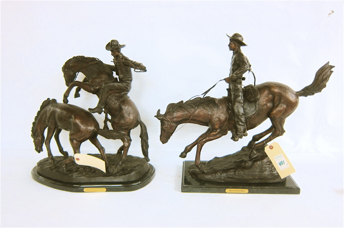 Appraisal: TWO WESTERN BRONZE HORSE AND RIDER SCULPTURES Mountain Man and