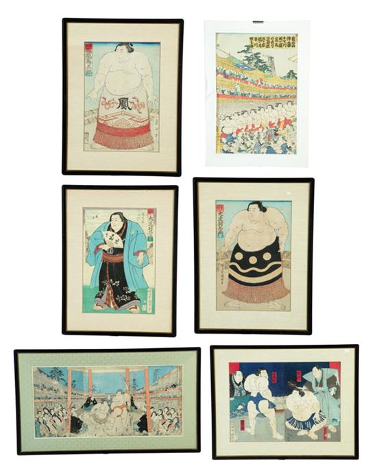 Appraisal: SIX WOODBLOCK PRINTS Japan late th-early th century Sumo wrestling