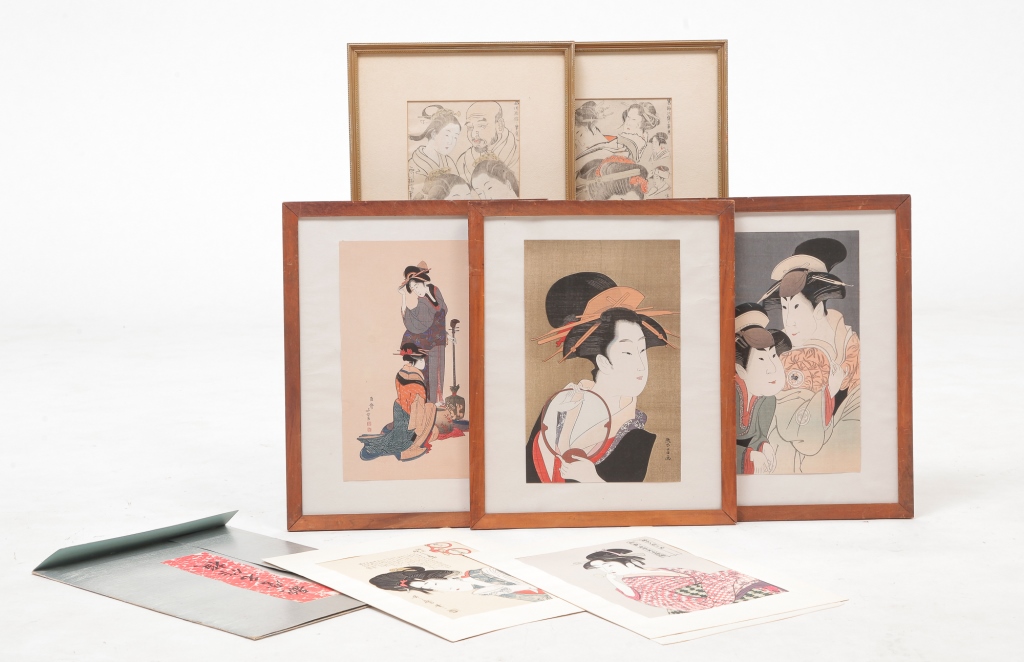 Appraisal: JAPANESE WOODBLOCK PRINTS Twentieth century Geishas and figural studies Five