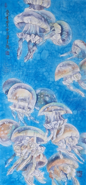 Appraisal: Chinese ink and color on paper painting of jellyfish with