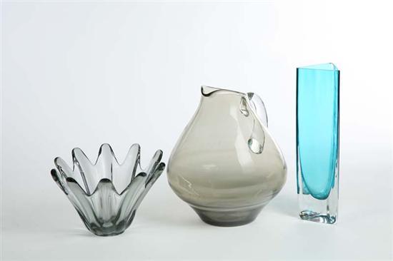 Appraisal: THREE PIECES OF GLASS A large blown smokey colored vase