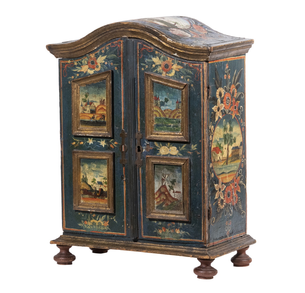 Appraisal: MINIATURE CONTINENTAL PAINTED ARMOIRE th c Northern European Decorated Cabinet