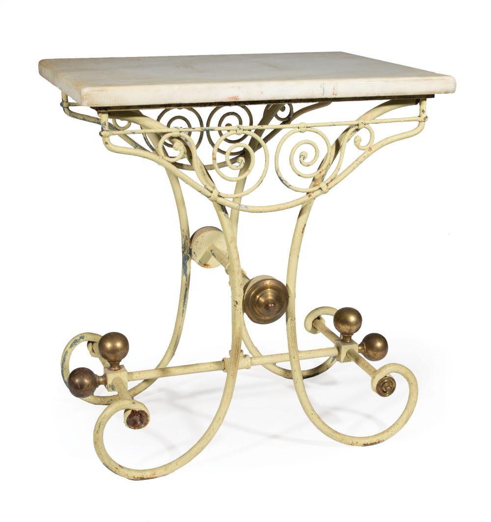 Appraisal: French Iron and Brass Pastry Table thick marble top scrolled