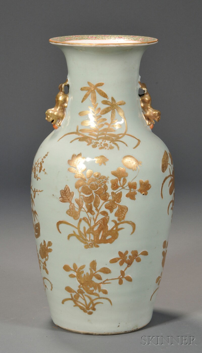 Appraisal: Gilt-decorated Celadon-glazed Porcelain Vase China late th century with gilt