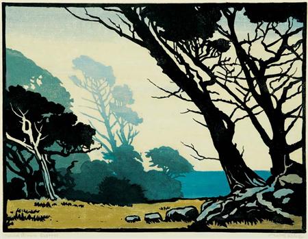 Appraisal: William Rice WIND BLOWN CYPRESS Color woodcut Estimate -