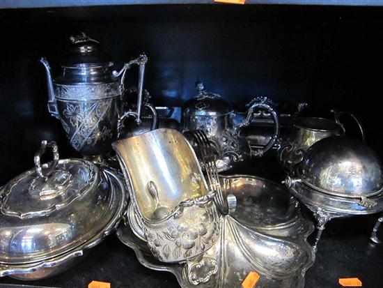 Appraisal: ONE SHELF OF ASSORTED SILVER PLATE INCL TEAPOT TUREENS SUGAR