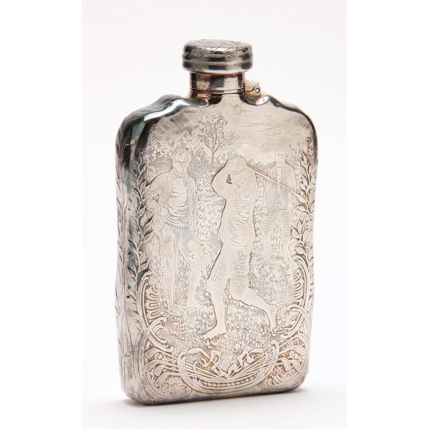 Appraisal: Antique Tiffany Co Sterling Silver Flask with Golfing Motif rectangular