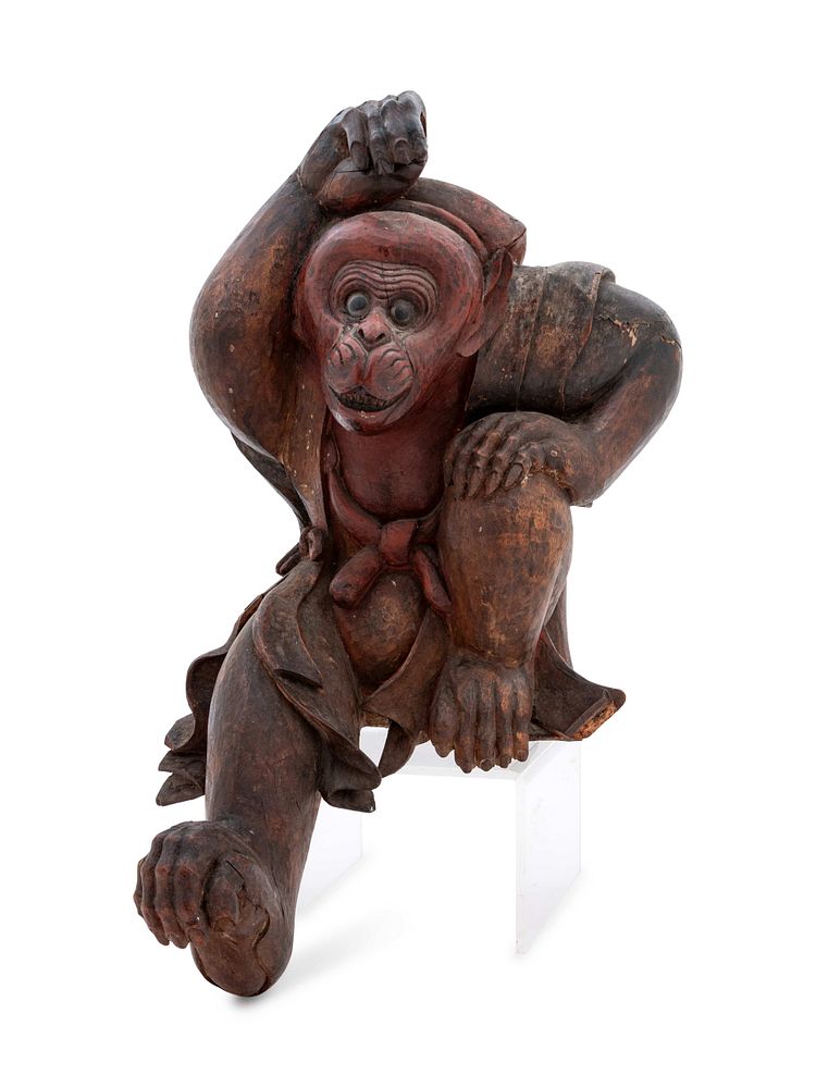 Appraisal: A Carved Wood Figure of a Monkey A Carved Wood