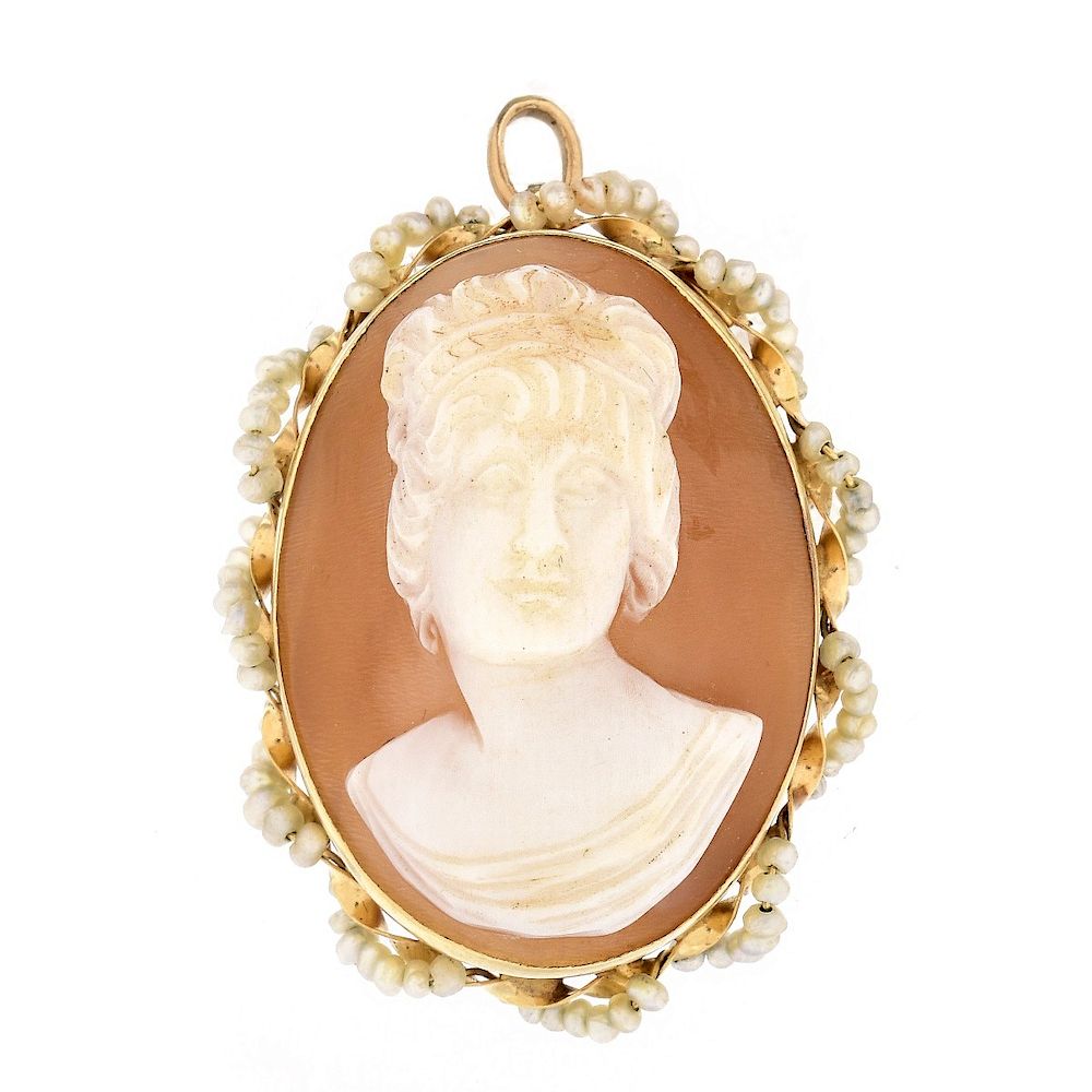 Appraisal: K Gold and Seed Pearl Cameo Pendant Brooch Vintage Karat