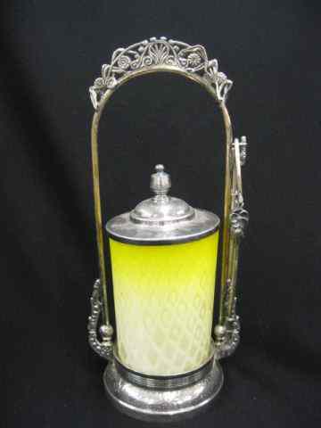 Appraisal: Victorian Pickle Castor yellow diamond quilted mother-of-pearl glass insert silverplate