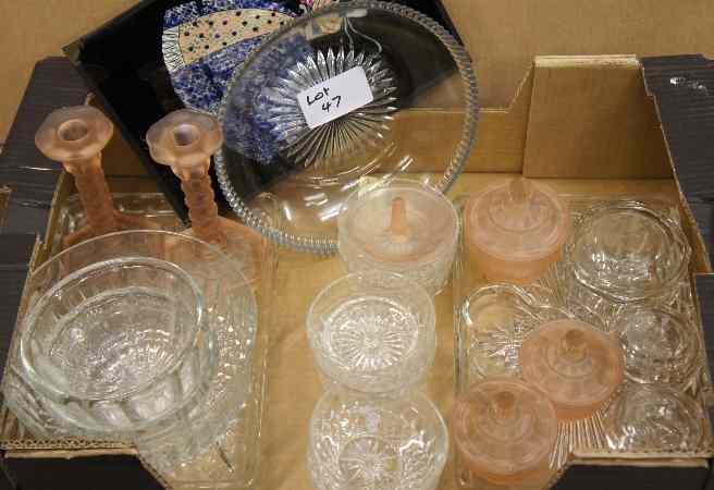 Appraisal: Tray mixed glassware comprising fruit dishes trifle dish candlesticks dresser