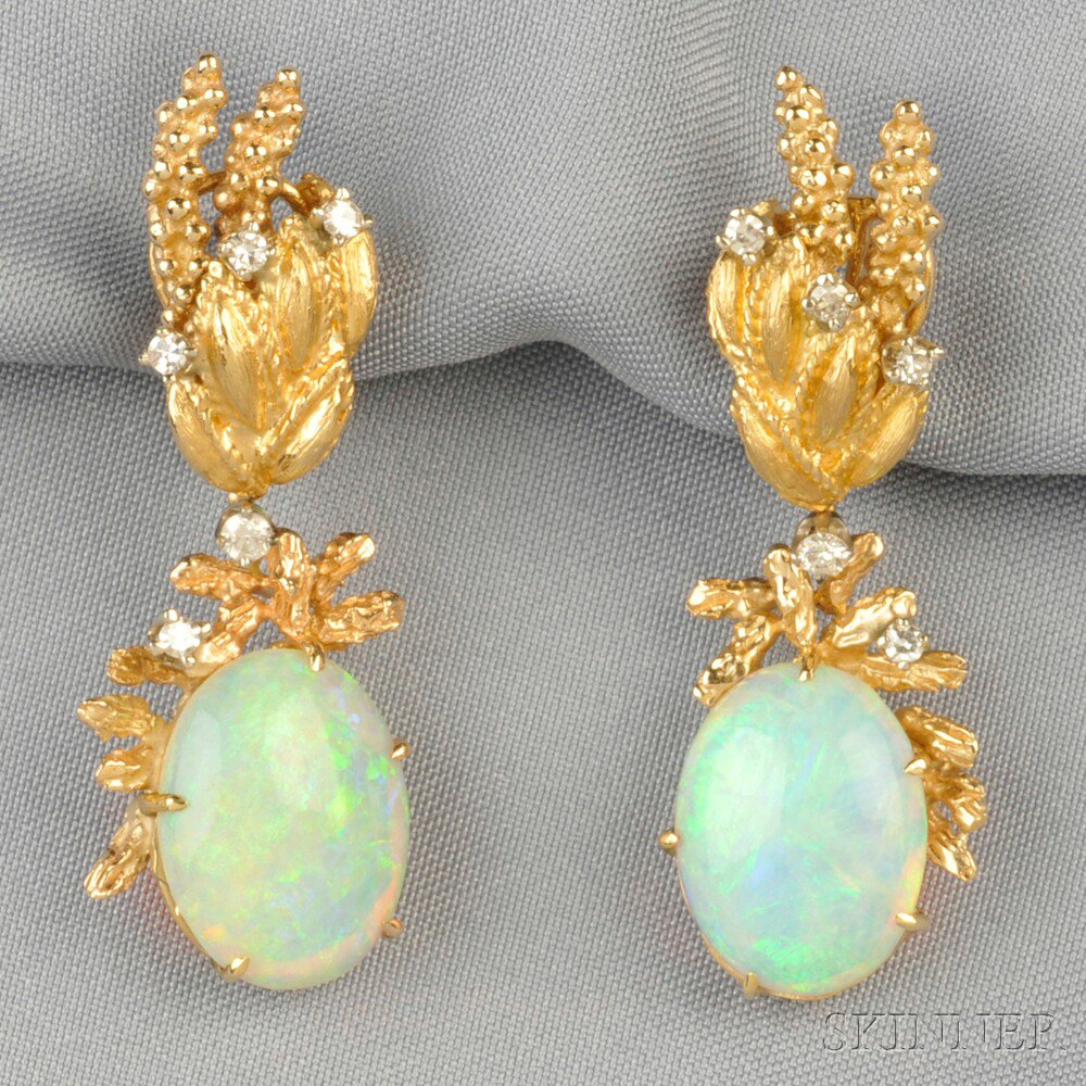 Appraisal: kt Gold Opal and Diamond Earpendants each set with a