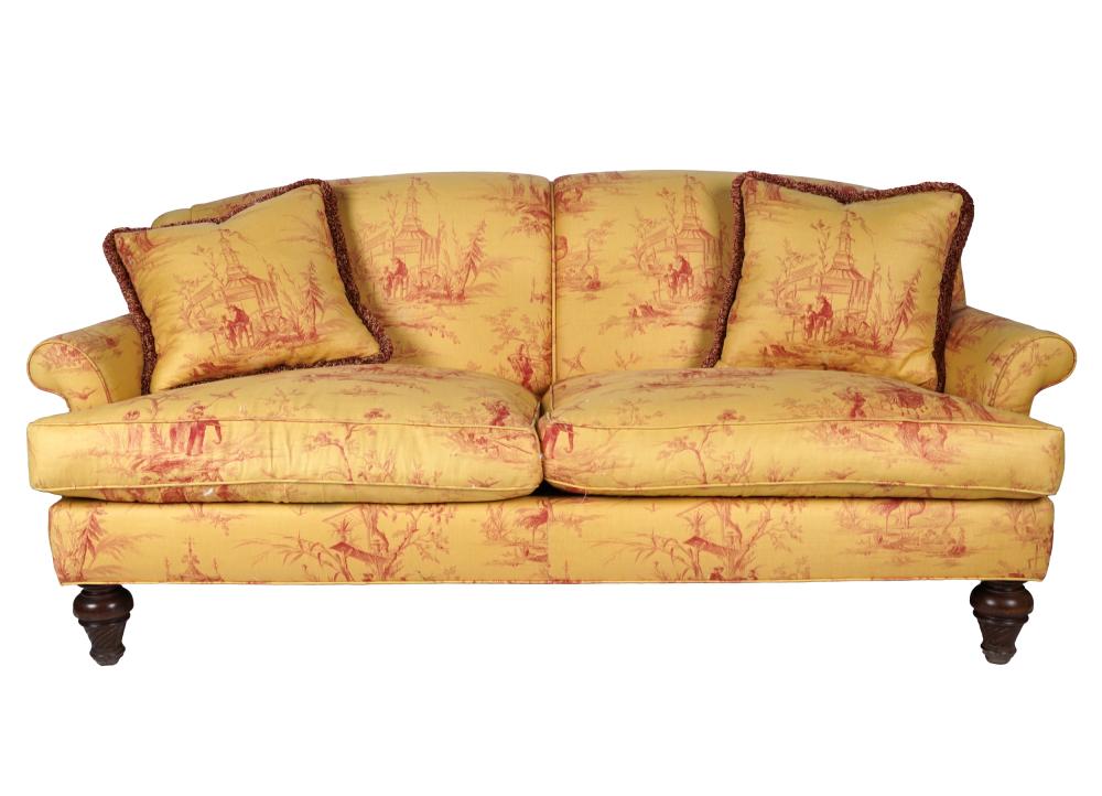 Appraisal: UPHOLSTERED SOFAmanufacturer unknown covered in red and yellow printed linen