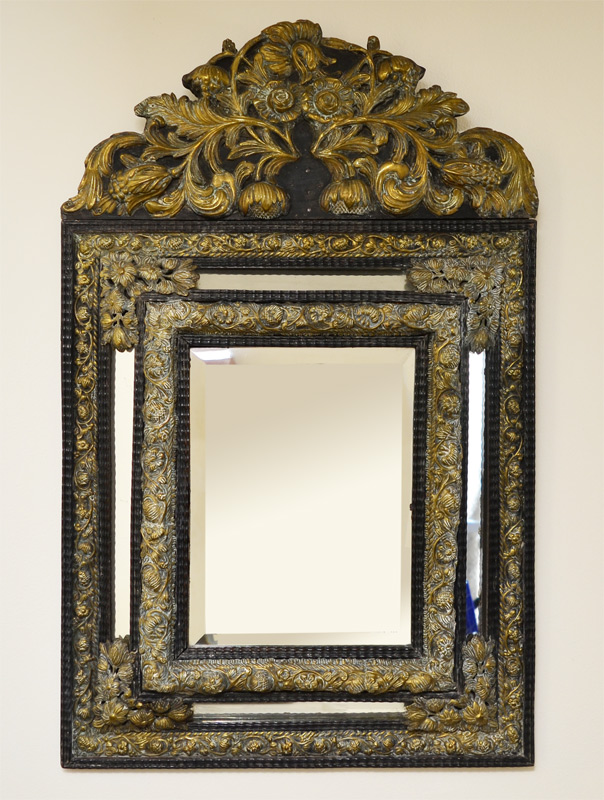 Appraisal: th C DUTCH WALL MIRROR Embossed brass over wood blossoms