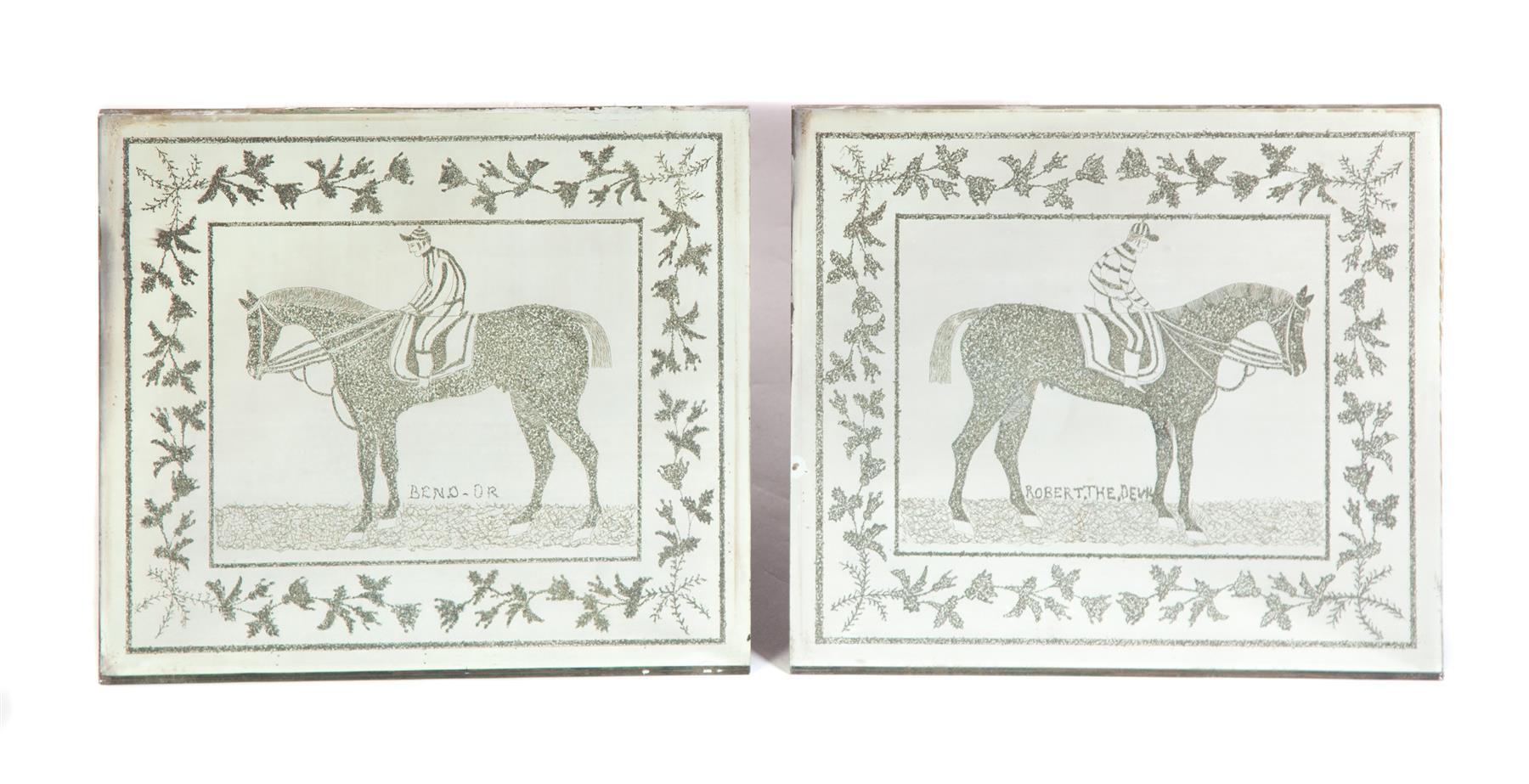 Appraisal: TWO ETCHED PLATE GLASS MIRRORS WITH IMAGES OF FAMOUS ENGLISH