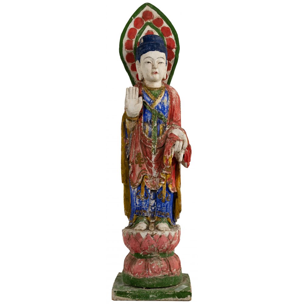 Appraisal: CHINESE CARVED AND PAINTED WOOD BUDDHA STATUECarved from a single