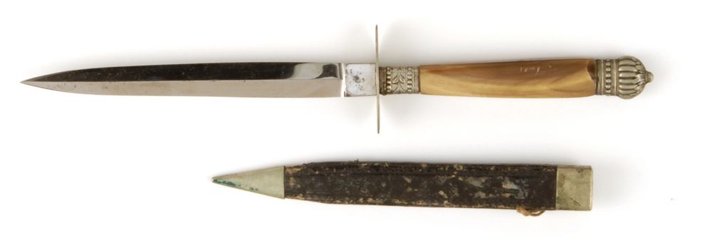 Appraisal: ENGLISH BONE-HANDLED DOUBLE-EDGED DAGGER By Barton Bros Sheffield Leather sheath