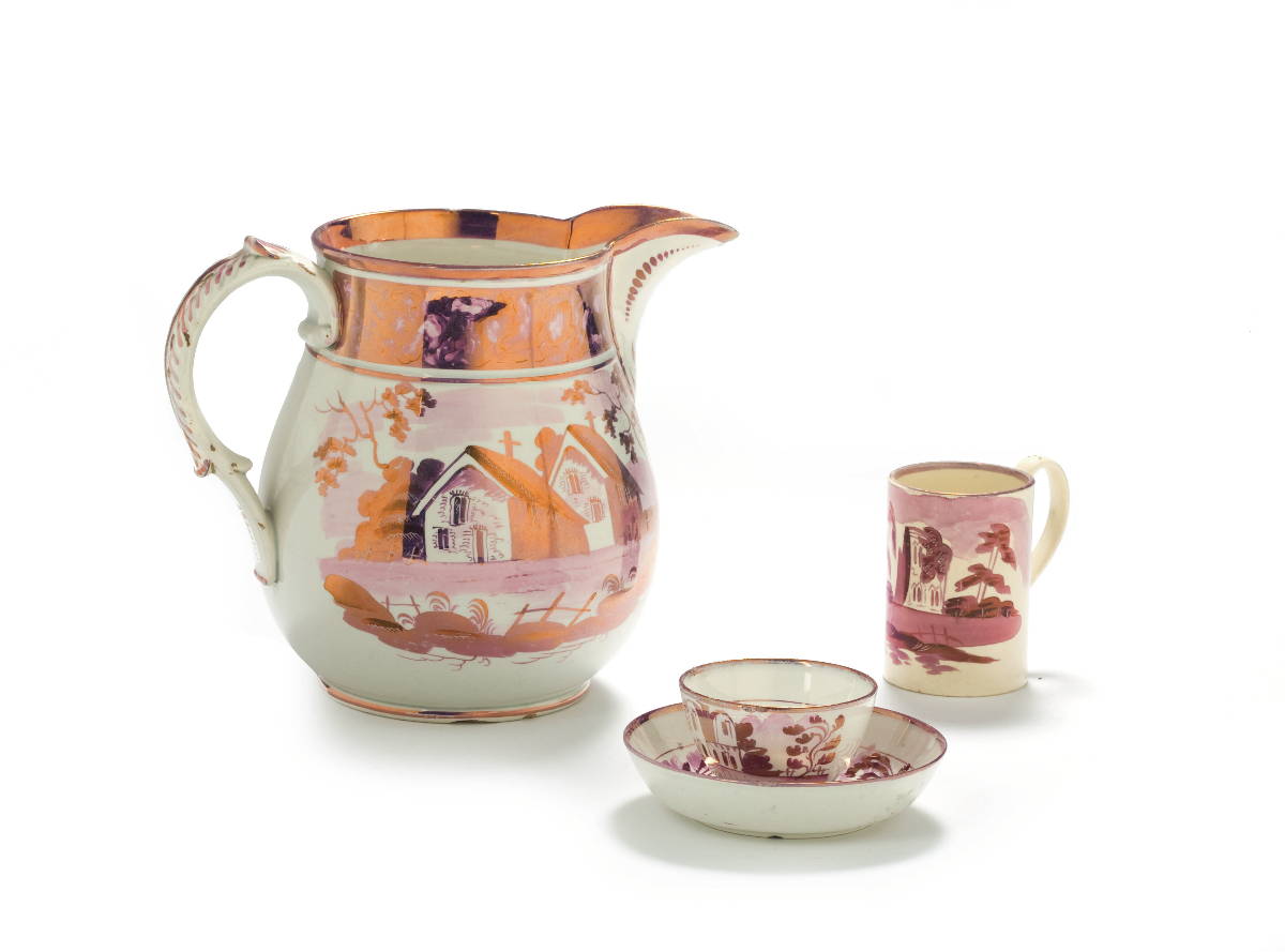 Appraisal: STAFFORDSHIRE PEARLWARE PINK AND PURPLE LUSTRE 'CHURCH' PATTERN JUG PROBABLY