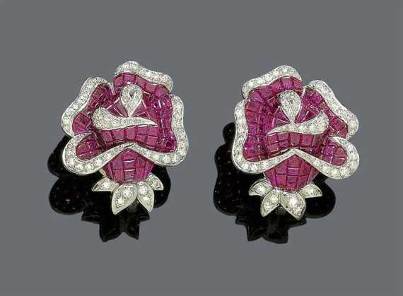 Appraisal: RUBY AND DIAMOND EARCLIPS White gold Very decorative earclips of