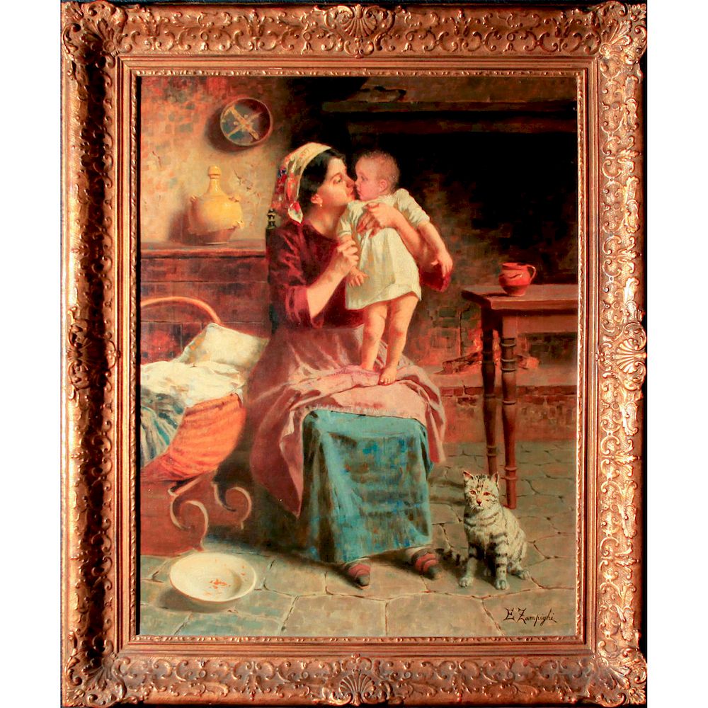 Appraisal: EUGENIO ZAMPIGHI ITALIAN - OIL PAINTING Mother and baby with