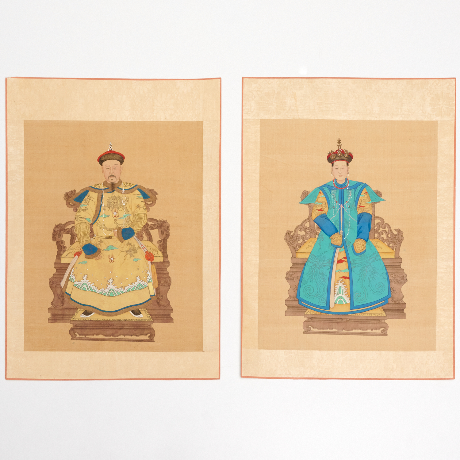 Appraisal: PAIR OF CHINESE ANCESTOR PORTRAITS ON SILK Chinese th c