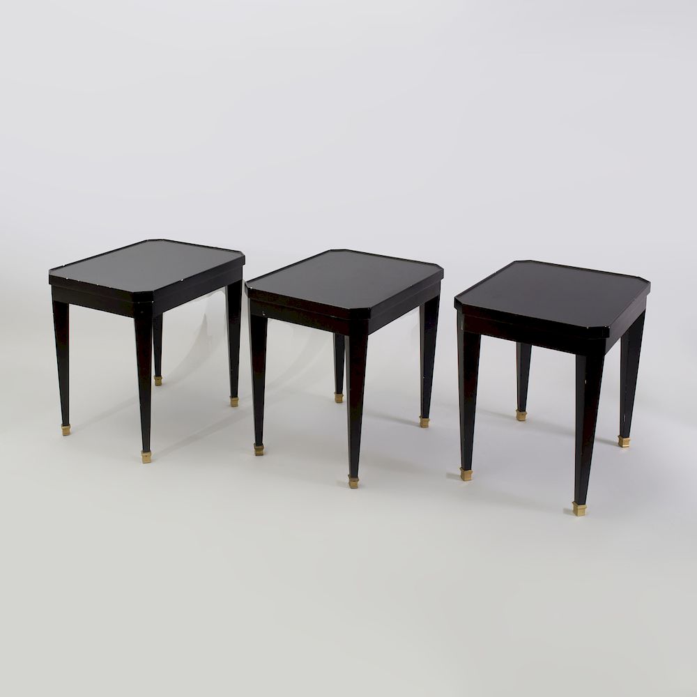 Appraisal: Set of Three Brass-Mounted Ebonized Telephone Tables in the Manner