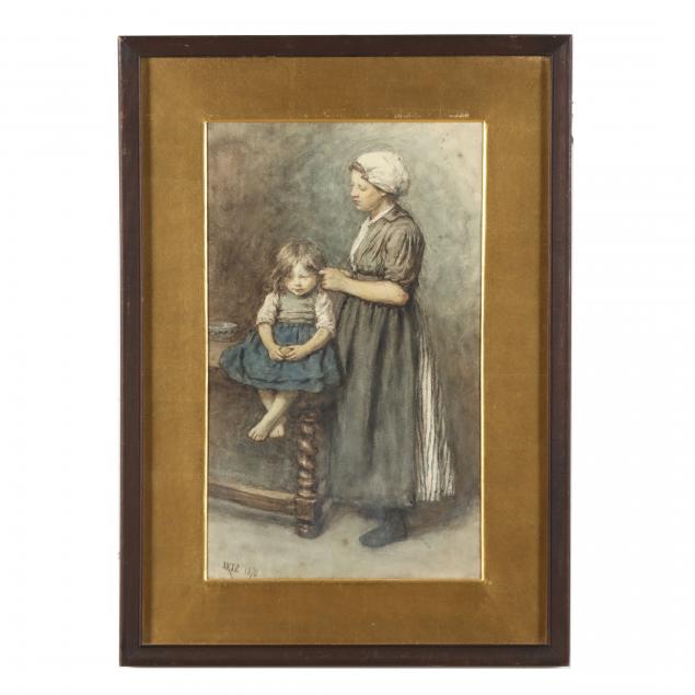 Appraisal: ADOLF ARTZ DUTCH - MOTHER BRAIDING DAUGHTER'S HAIR Watercolor on