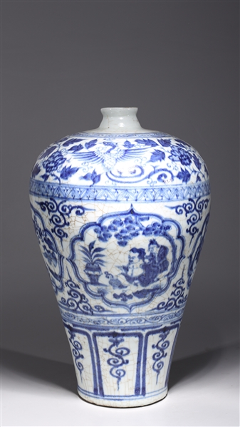 Appraisal: Chinese blue and white crackle glazed porcelain vase with figural