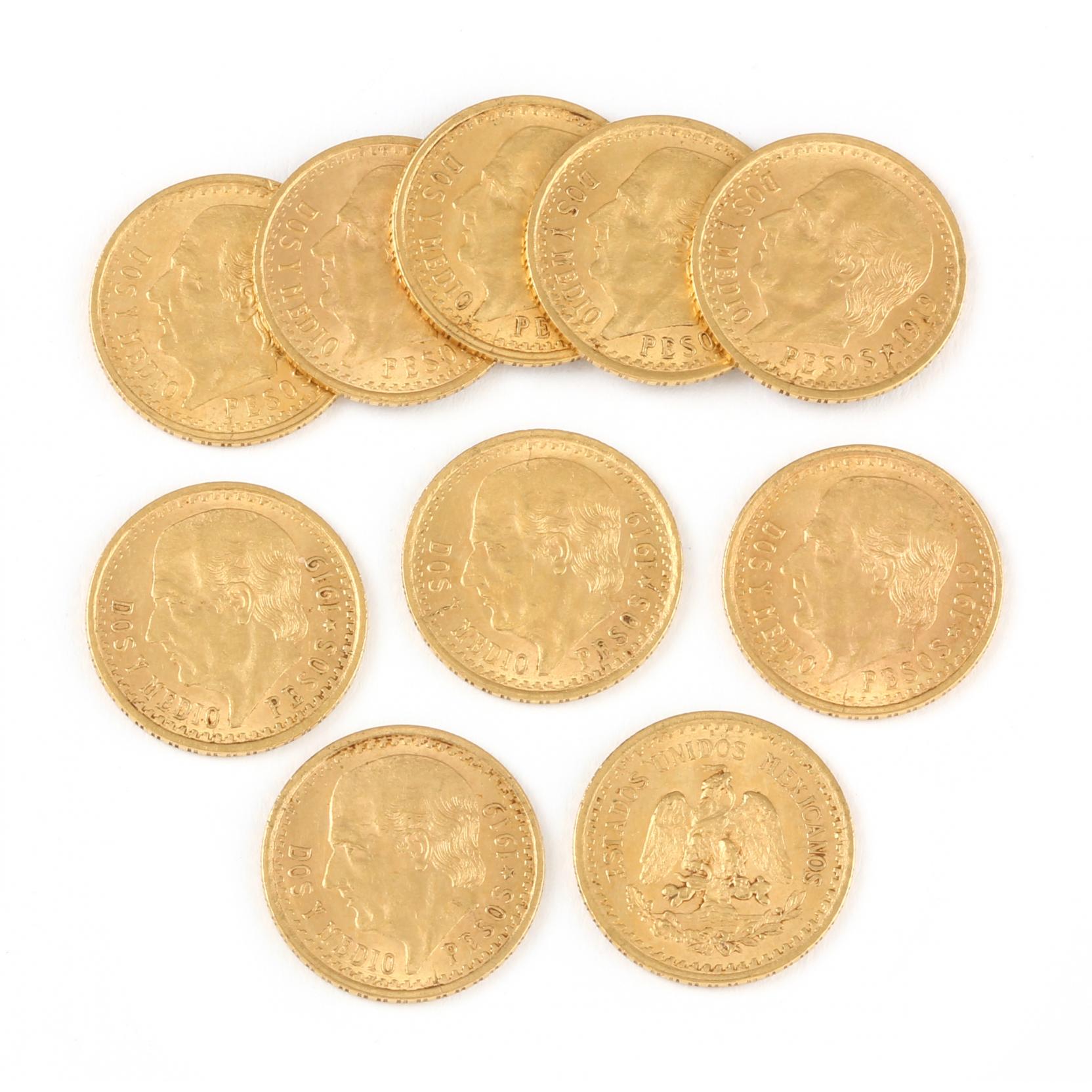 Appraisal: Ten Uncirculated Mexican Peso Gold Coins net gold is troy