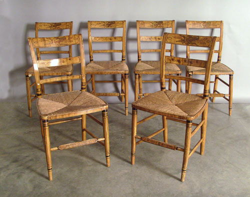 Appraisal: Set of six painted rush seat chairs th c