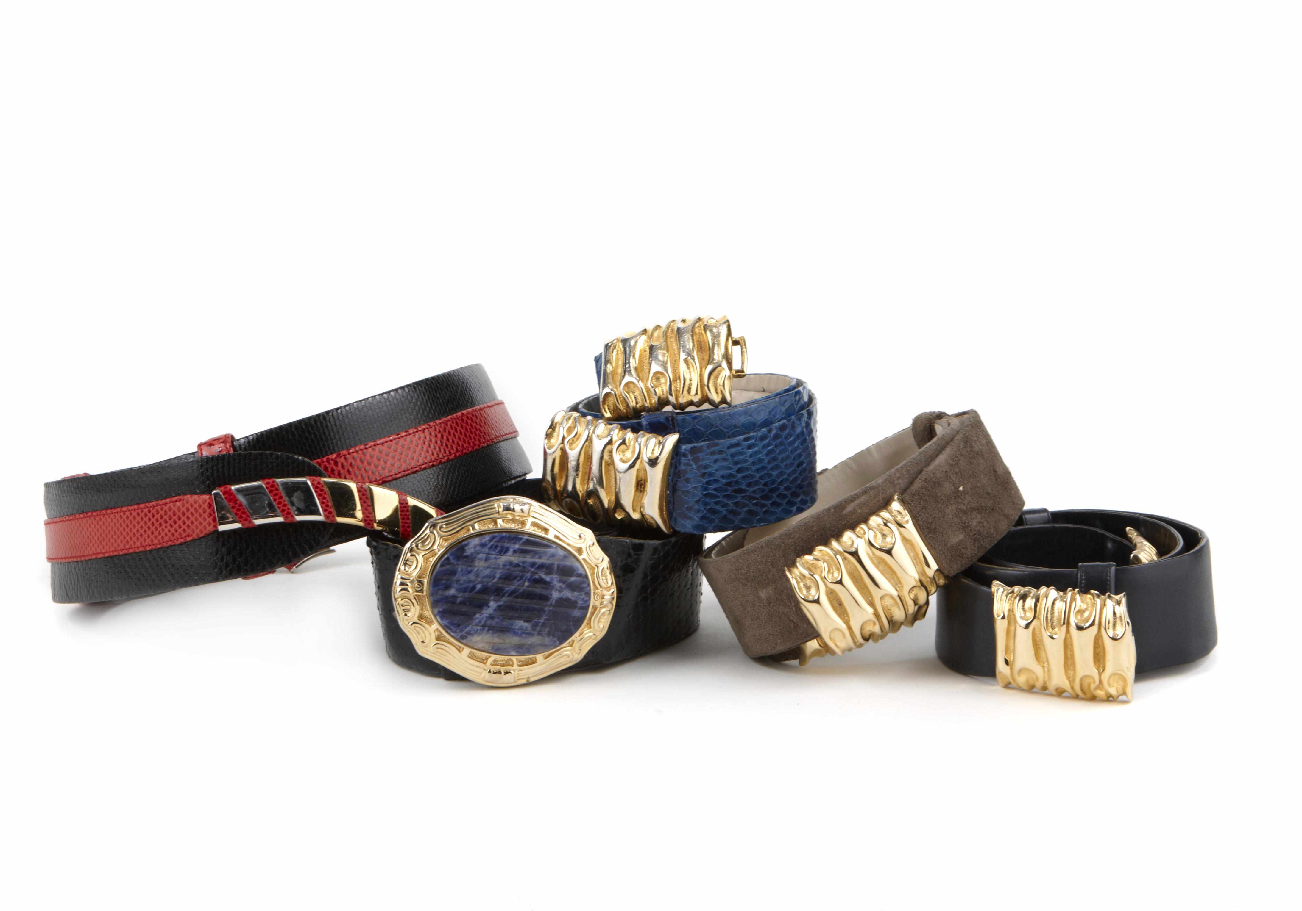 Appraisal: A group of nine multi-colored stone leather and metal belts