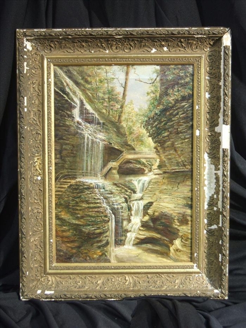 Appraisal: AMERICAN TH C CASCADING WATERFALL Oil on canvas x in