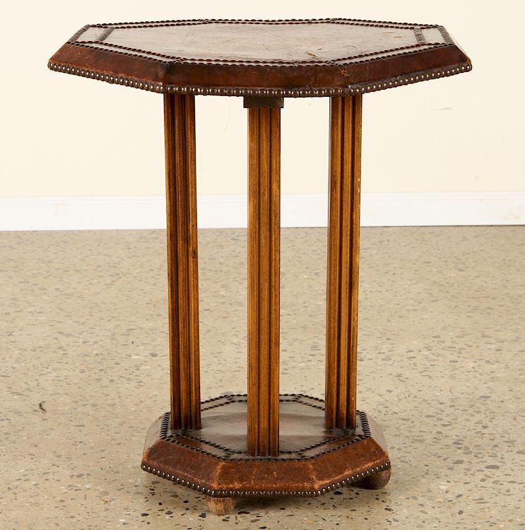 Appraisal: FRENCH LEATHER SIDE TABLE NAILHEAD TRIM C A French leather