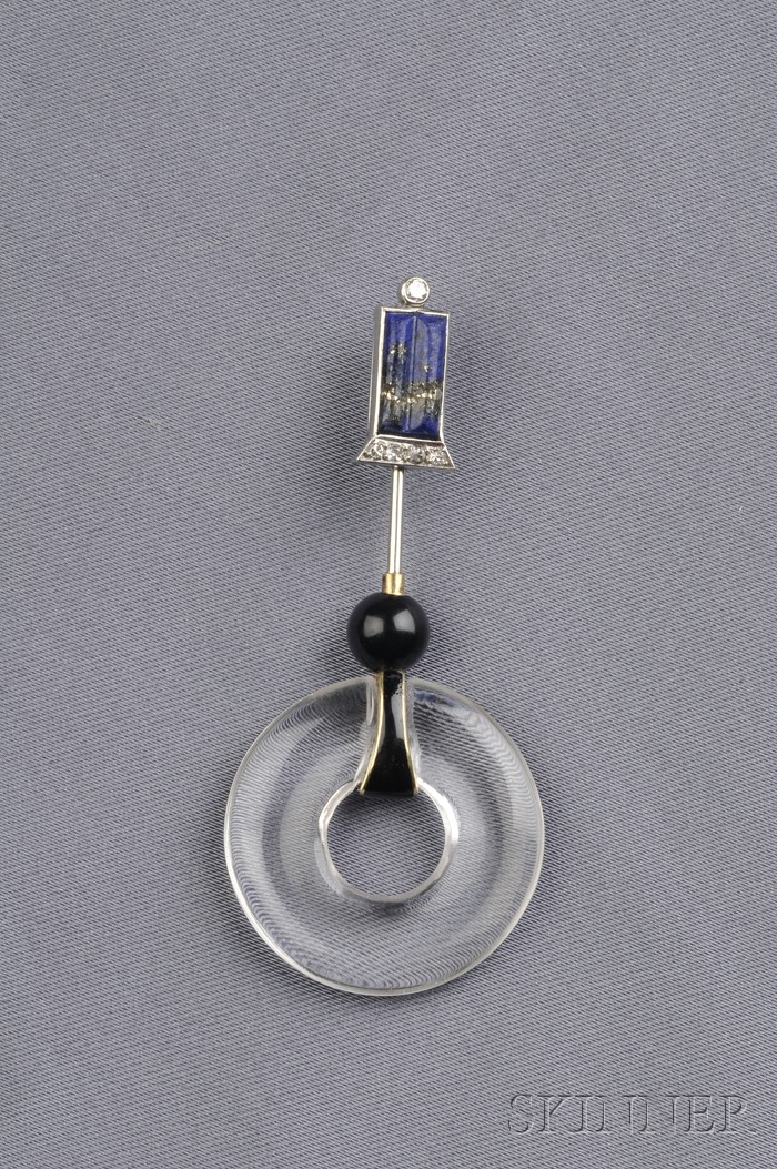 Appraisal: Art Deco Rock Crystal Enamel Onyx Lapis and Diamond Jabot