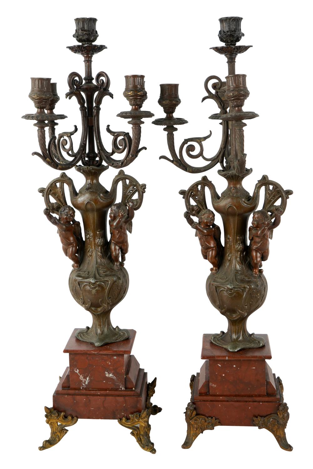 Appraisal: PAIR OF FIVE LIGHT CANDELABRAwith rouge marble bases Condition candelabra