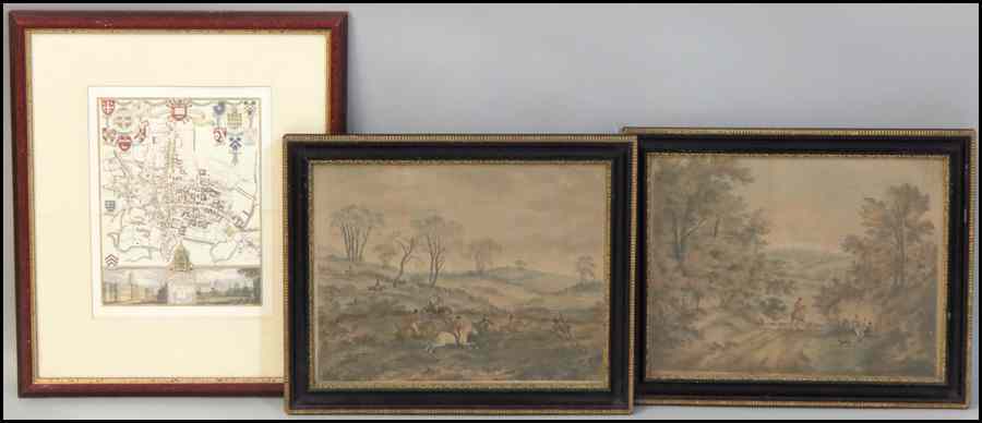 Appraisal: PAIR OF ENGLISH HAND COLORED ENGRAVINGS Together with a decorative