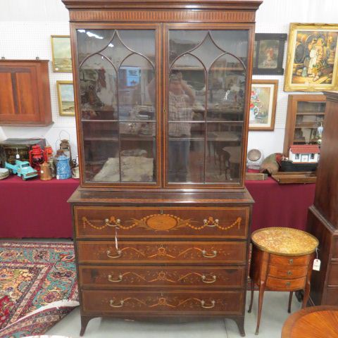 Appraisal: Early English Inlaid Painted Secretary Bookcase garland and bow decoration