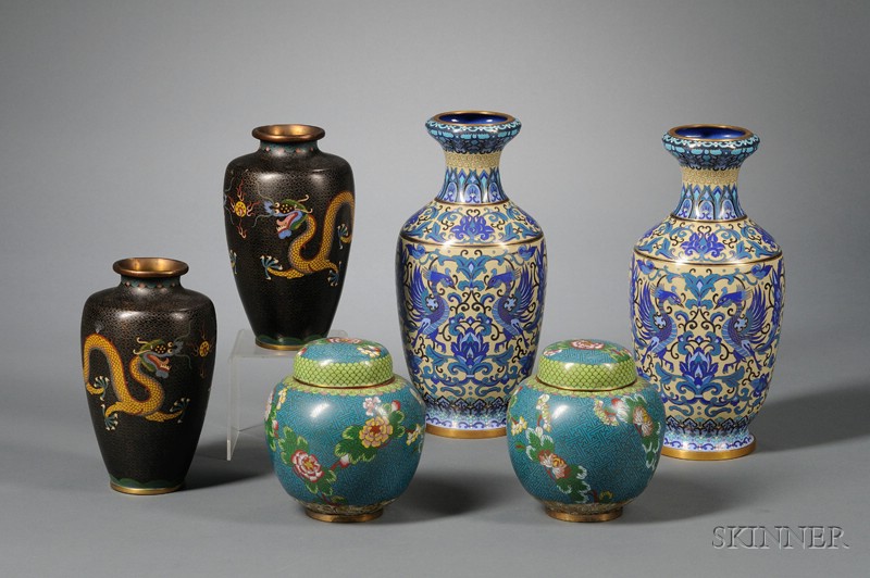 Appraisal: Eight Pieces of Cloisonne pair of black dragon vases a