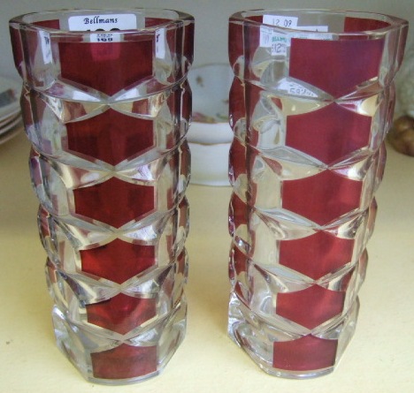 Appraisal: A pair of French clear and cranberry glass vases of