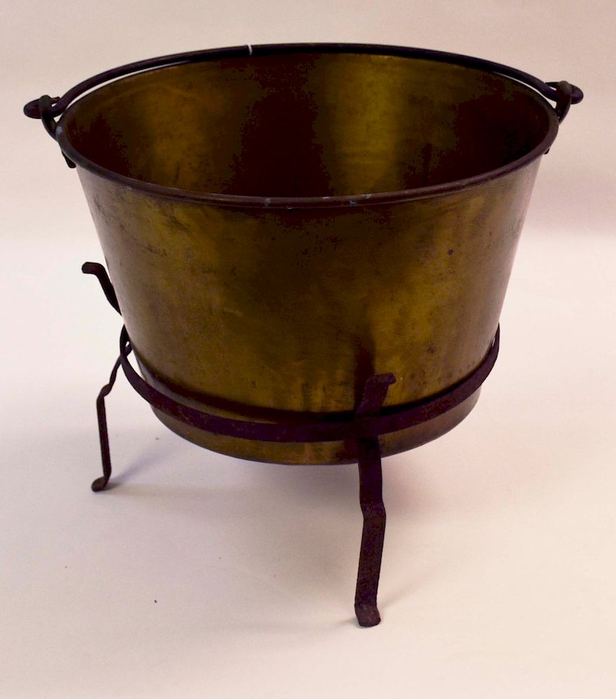 Appraisal: Brass Kettle Bucket with Iron Stand Brass Bucket with Iron