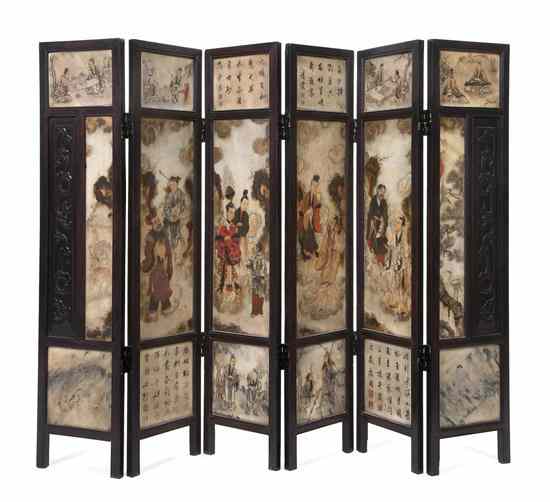 Appraisal: A Chinese Six Panel Painted Alabaster and Hardwood Screen having