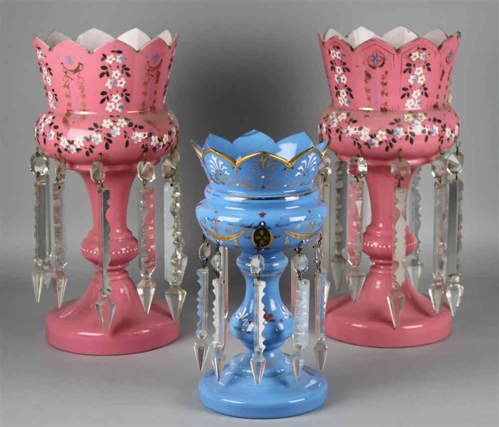 Appraisal: THREE GLASS LUSTRES including a pair of pink ground with