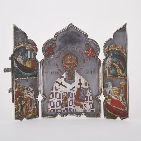 Appraisal: Russian Silver Travelling Triptych Icon of St Nicholas th century