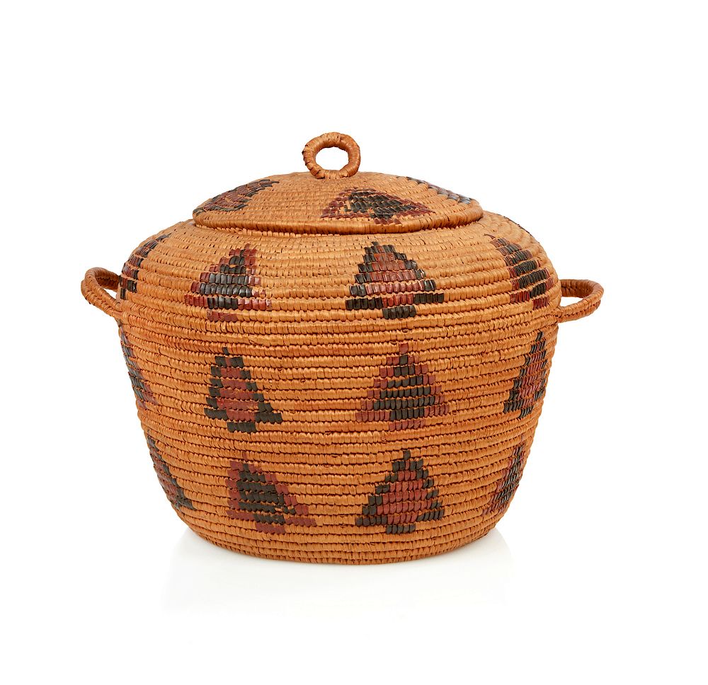 Appraisal: Northwest Covered Basket Northwest covered handled basket with polychrome geometric