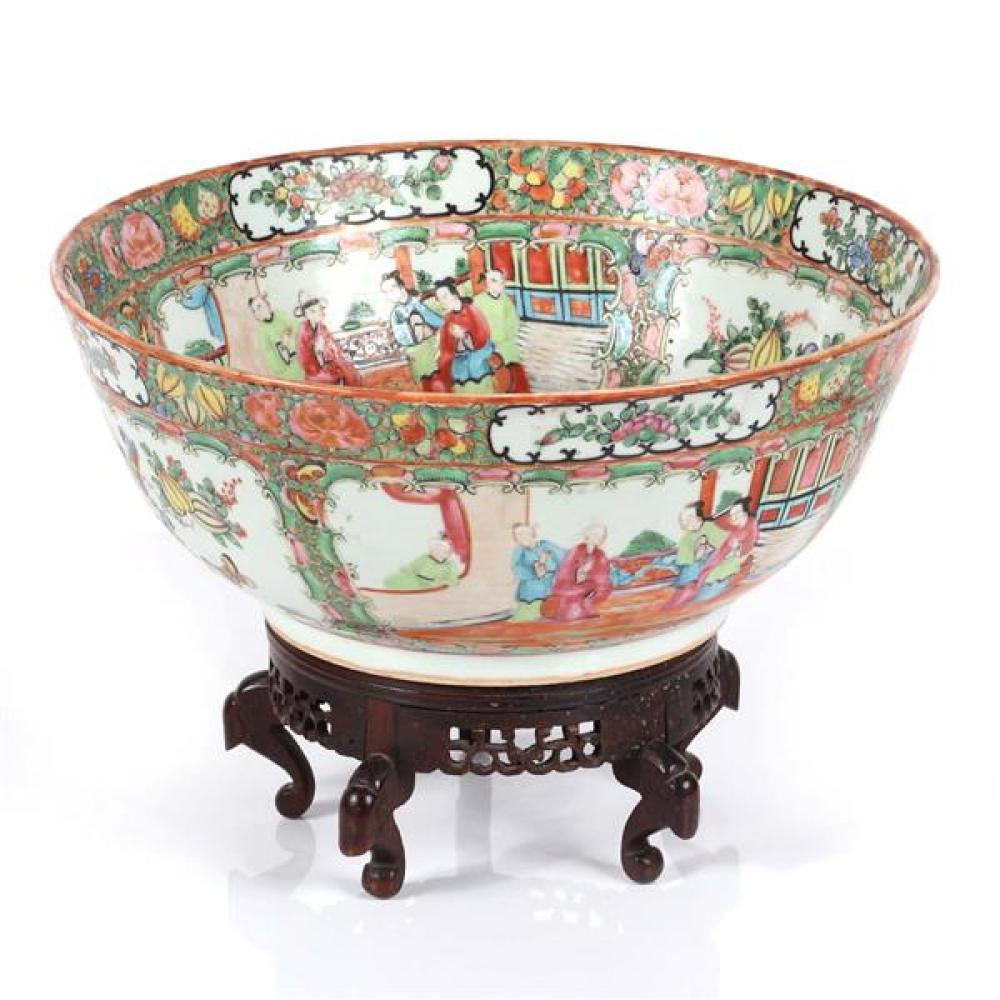 Appraisal: CHINESE EXPORT PORCELAIN FAMILLE ROSE PUNCH BOWL ON CARVED WOOD