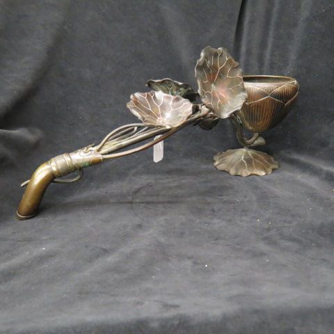 Appraisal: Oriental Bronze Censor sceptor style handle water lily decoration long